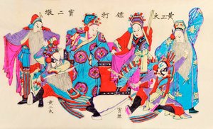 Tisk čínské operní scény (barevný dřevořez na papíře) od Chinese School