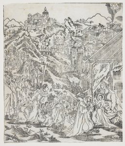 Klanění Krista, talíř od Giulio Alenis Tianzhu jiangsheng zhuxiang jingjie (Ilustrovaná historie Pána nebes, který se vtělil do těla), kostel Jinjiang, provincie Fujian od Chinese School