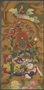 Buddhistický strážce Mahabala, z buddhistické sady rituálů země a vody (inkoust, barvy a zlato na hedvábí) od Chinese School