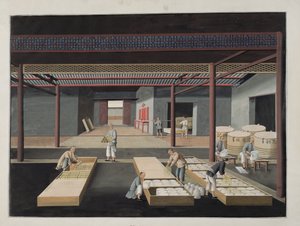 The Crating and Packing of Bowls and Misky, deska 12 v sérii dvanácti zobrazující proces výroby čínského porcelánu, 19. století od Chinese School