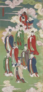 Vznešení císaři a Bohové pěti směrů z buddhistického rituálního setu země a vody (inkoust, barvy a zlato na hedvábí) od Chinese School