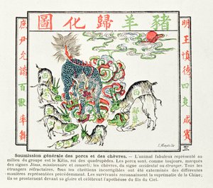 Kilin je uctíván prasaty a kozami, které si uvědomily omyly křesťanství a uznávají nadvládu Číny, 1891 od Chinese School