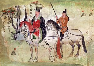 Dva jezdci v krajině, Bódhisattva a jeho Equerry, období Tang (malovaný kámen) od Chinese School