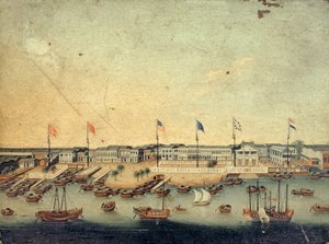 Pohled na Hongs v Kantonu s dánskými, rakouskými, americkými, švédskými, britskými a holandskými továrnami (ropa na mědi) od Chinese School