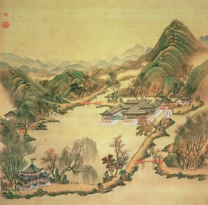 Pohled na Letní palác, Peking (barva na hedvábí) od Chinese School