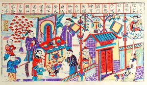 Woodblock tisk zobrazující činnost čínské domácnosti během festivalu (woodblock tisk na papíře) od Chinese School
