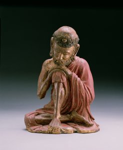 Červeně lakovaná postava Šákjamuniho, zakladatele buddhistické víry, vynořující se z hor, dynastie Yan, 1280-1368 (dřevo a zlacení)
