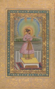 Shah Jahan na terase, držící závěsný set s jeho portrétem, folio..., 1627-28. od Chitarman
