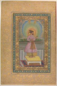 Shah Jahan na terase, držící přívěsek se svým portrétem, folio z alba Shah Jahan, recto: 1627–28 od Chitarman