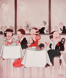 Myši z města a myši z venkova, Rafinovaní občané versus nerafinovaní venkované, scéna v restauraci, kresba Chloe Prestonové (1887-1969) z časopisu The Tatler, č. 1384, 4. ledna od Chloe Preston