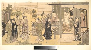 Převlečená scéna z Příběhu o Gendžim (Fūryū Yatsushi Genji), kapitola 33, „Listy vistárie (Fuji no uraba)“ od Chobunsai Eishi