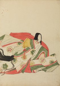 Dvorní dáma sedící se žlutým vějířem, tabule z alba: Nishiki-zuri onna sanju rokkasen e-zukushi od Chobunsai Eishi