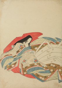Sedící dvorní dáma obrácená doleva, tabule z alba: Nishiki-zuri onna sanju rokkasen e-zukushi od Chobunsai Eishi