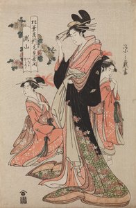 Oiran Seyama z domu Matsuba-ya se svými kamuro Iroka a Yukari, ze série: Slavnostní otevření nového domu Matsuba-ya od Chobunsai Eishi