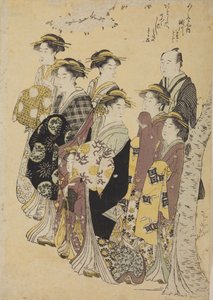 Šest oiran na procházce s dívkou a mužem od Chobunsai Eishi