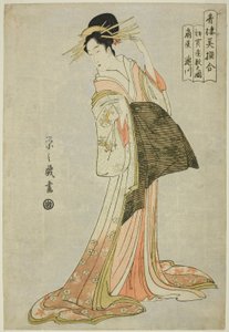 Takigawa z Ogiya v prvním prodeji nového roku (Hatsu uri zashiki no zu), ze série „Srovnání vybraných krásek z požitkářských čtvrtí (Seiro bisen awase)“ od Chobunsai Eishi
