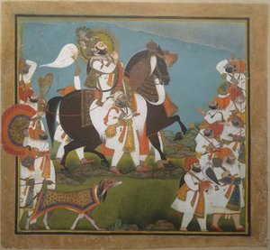 Maharana Bhim Singh a družina se vydávají na lov, ca. 1805-10.