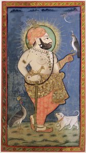 Maharana Bhim Singh z Mewar s jestřábem, Udaipur (Mewar) Rádžasthán, kolem roku 1805 (kvaš se zlatem na látce)
