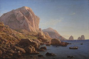 Skalnaté pobřeží, Capri. Po východu slunce
