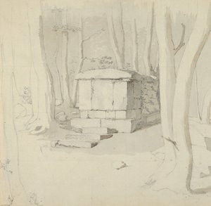 Kamenná hrobka v lese, verso: Studie květiny, 1830. od Christen Købke