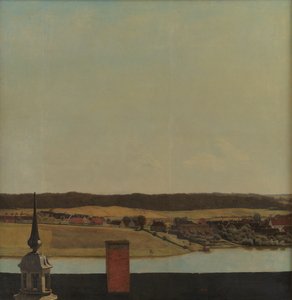 Hřeben na střeše hradu Frederiksborg s výhledem na jezero, město a les od Christen Købke