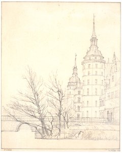 Zámek Frederiksborg. Pohled u mincového mostu od Christen Købke