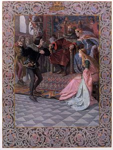 Hamlet před králem Claudiem, královnou Gertrudou a Ofélií, scéna z „Hamleta“ od Williama Shakespeara (1564-1616) kolem roku 1900