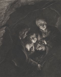 Noční scéna v jeskyni se starou ženou držící hořící uhlíky v hrnci, chlapcem blowi..., ca. 1750-57 od Christian Friedrich Boëtius