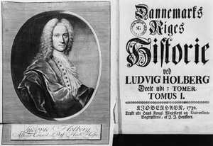 Baron Ludvig Holberg (1684-1754) a titulní strana svazku I jeho Dějin Dánska, vydané v Kodani, 1732