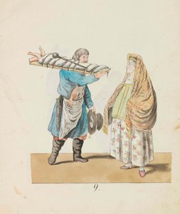 Řezník s prasetem na prkně a kupecká žena Ze seriálu Petrohrad..., 1799.