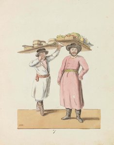 Prodavač ovoce a rolník prodávající sýr a sledě Ze série Petrohrad..., 1799.
