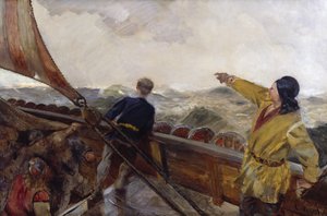 Leif Erikson objevuje Ameriku od Christian Krohg
