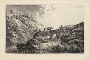 Stádo zvířat u řeky [Voly hnané k napajedlu] od Christian Wilhelm Ernst Dietrich