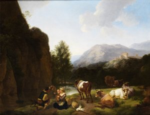 Odpočívající rodina vedle krav u řeky od Christian Wilhelm Ernst Dietrich