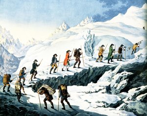 Horace-Benedict de Saussuren toinen nousu Mont Blancille elokuussa 1787, Marquardt Wocherin värillinen kaiverrus julkaistiin vuonna 1790