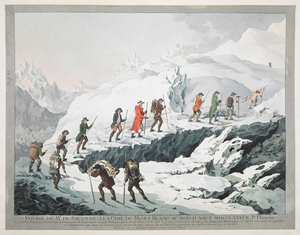 Horace Bénédict de Saussure a jeho průvodci překračující ledovec Month Blanc (rytina)