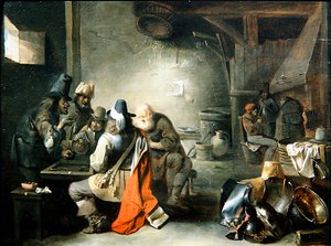 Skupina figurek hrající backgammon (olej na panelu)