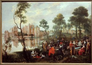 Občerstvení v parku Gallant Scene. Obraz Christopha Van der Lamena (1606-1651)