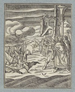Kórach, Dátan a Abiram a jejich rodiny jsou pohlceni zemí od Christoffel van Sichem (II)