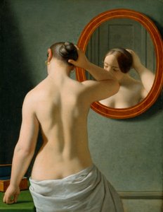 Nahá žena si upravuje vlasy před zrcadlem od Christoffer Wilhelm Eckersberg