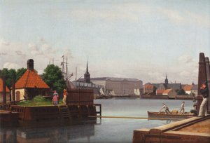 Dánsky: Børsen, Christiansborg, Holmens Kirke, set fra Asiatisk Kompagnis Plads Burza, Christiansborg a Holmenův kostel, pohled z místa, kde sídlila Asijská společnost. od Christoffer Wilhelm Eckersberg