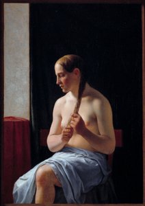 Nahá modelka sedí. Portrét ženy splétající si vlasy (cop). Obraz od Christoffera Wilhelma Eckersberga (1783-1853)