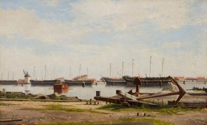 Partie Nyholmu s jeřábem a několika válečnými loděmi od Christoffer Wilhelm Eckersberg