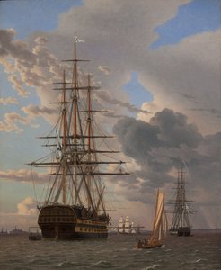 Ruská řadová loď "Asow" a fregata kotvící v Elsinoru od Christoffer Wilhelm Eckersberg
