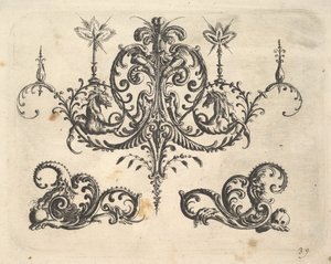 Fantastický lustr s hořícími svíčkami a arabeskami, některé končící fantastickým koněm..., 1610.