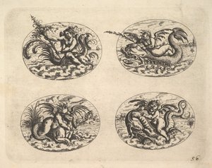 Čtyři ovály s Genii, desky z Neue Grotessken Buch, 1610.