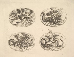 Putti s mořskými příšerami, talíře z Neue Grotessken Buch, 1610.