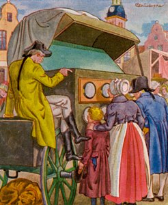 Guckkastenmann / Peep Box Man (barevná litografie)