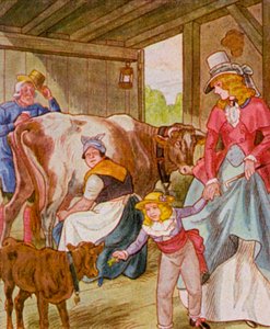 Besuch Im Kuhstall / Návštěva v kravíně (barevná litografie)