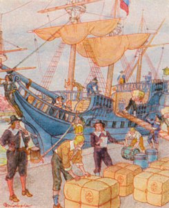 Hafen Mit Tabakballen / Přístav s balíky tabáku (barevná litografie)